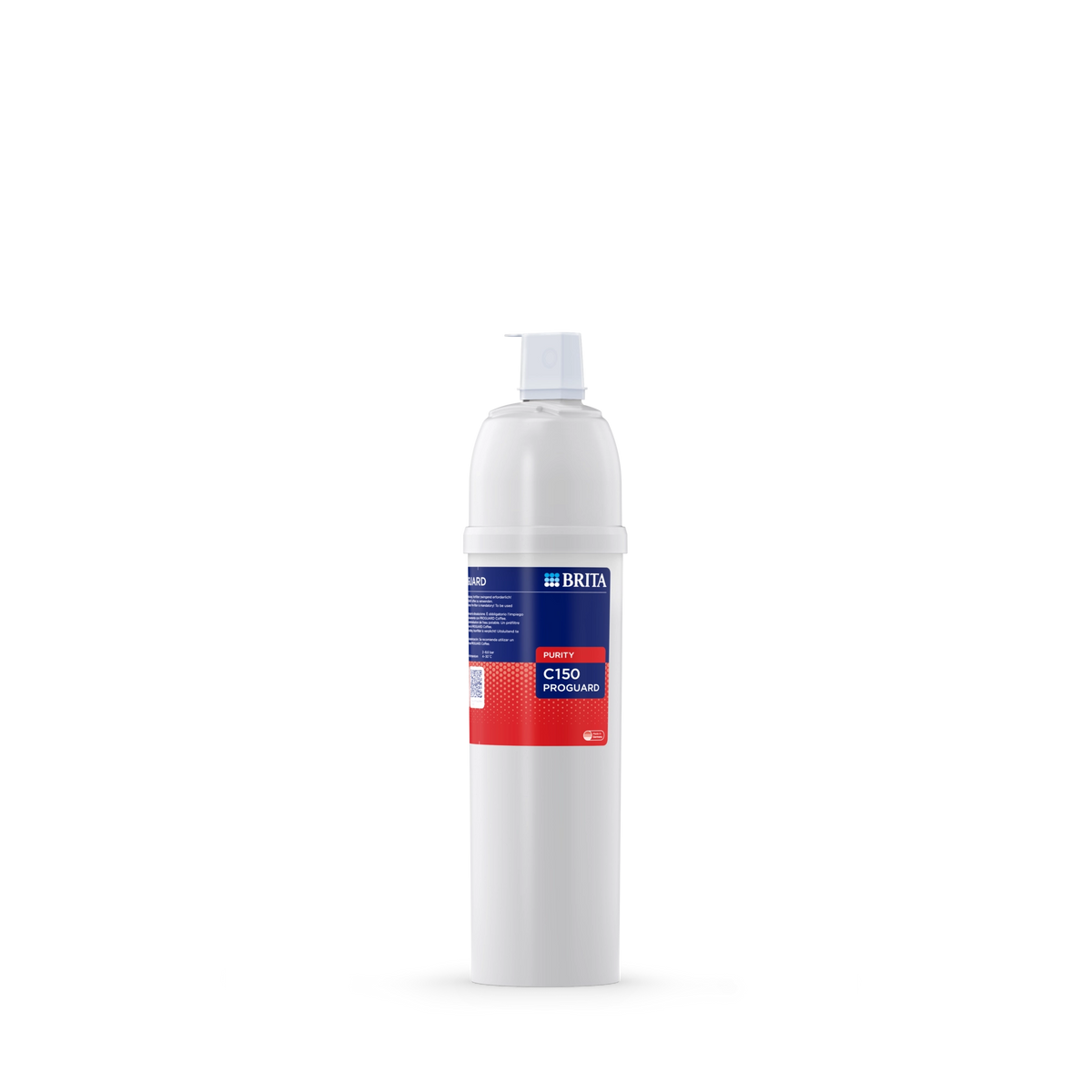 Front view of BRITA PURITY C150 PROGUARD filter cartridge with white housing and blue-red label